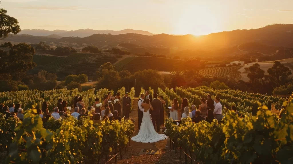 Boda en un viñedo mientras el sol se esconde en el atardecer.