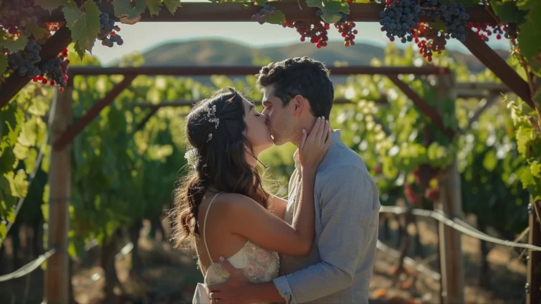 Pareja celebrando como las tradicionales bodas en viñedos.