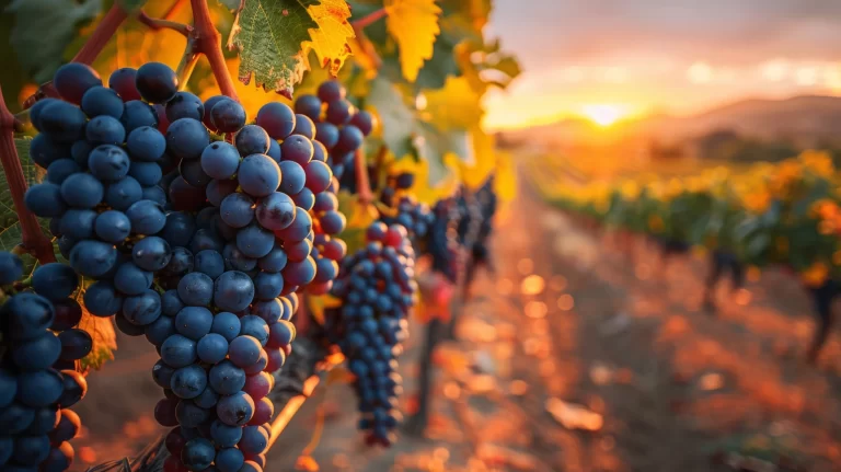 Viñedo en una puesta de sol.